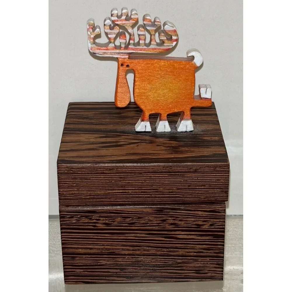 Beautiful Wooden trinket dish With Orange Moose‎ On Top